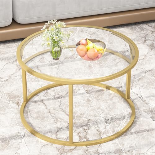 Glass Round Coffee Table - Clear 27-Inch Modern Center Table with Metal Frame
