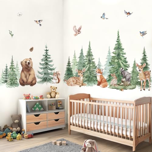 wondever Large Pine Tree Animals Wall Stickers Woodland Animal Bear Deer Fox Peel and Stick Wall Art Decals for Baby Nursery Kids Bedroom Living Room