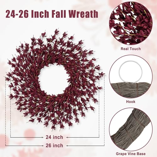 LZNPA 26 Inch Realistic Fall Wreath for Front Door, Wine Red Autumn Decor