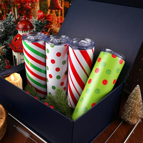 Sliner 4-Pack Christmas Stainless Steel Travel Mugs with Lid & Straw, Insulated 20 oz Holiday Gift Set