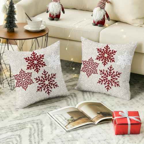 Emvency Throw Pillow Cover Christmas Sparkling Red Snowflakes Decorative Pillow Case Home Decor Square 16x16 Inch Cushion Pillowcase