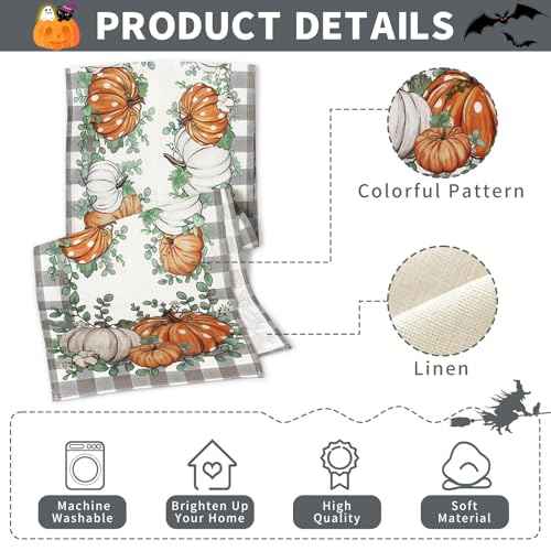 Fall Table Runner, Kaluofan 2024 Table Runner 13"x72", Thanksgiving Table Runner, Fall Decorations for Home, Grid Pattern Around Various Pumpkin for Dining Table Decorations