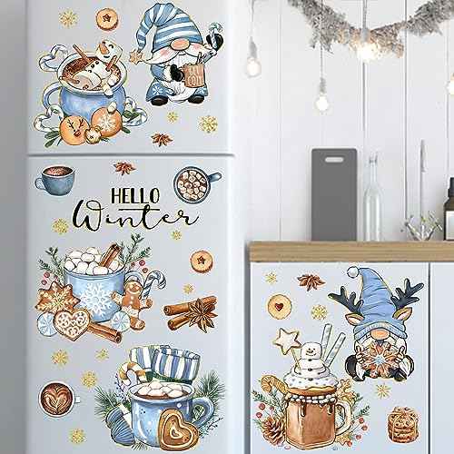 Mfault 145 PCS Hello Winter Gnome Window Clings 9 Sheets, Hot Cocoa Gingerbread Cookies Snowman Wall Stickers Decal Decorations, 2026 New Year Christmas Holiday Living Room Home Kitchen Decor
