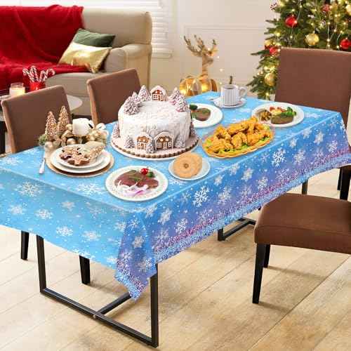 2 Pcs Winter Snowflake Tablecloth Plastic - Disposable Frozen Table Cloth, Purple Blue Rectangle Winter Wonderland Table Cover for Christmas Winte Holiday Tables Decor Party Supplies Favors,54x108Inch
