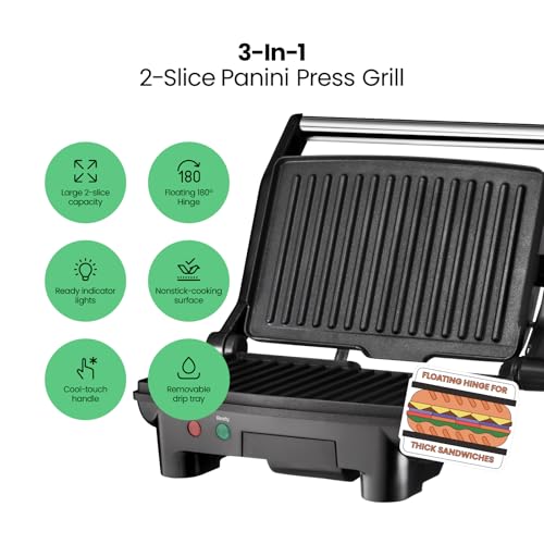 Chefman 2 Slice Electric Panini Press Grill with Non-Stick Plates, 180° Opening