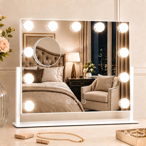 Hollywood Makeup Mirror with Lights - White Frame, 16 x 12.9 inch, Touch Control, 11 LED Bulbs, Detachable 10X Magnifier