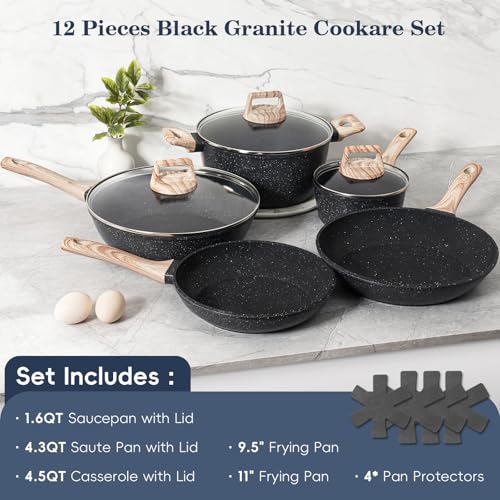 Non-Stick Pots and Pans Set - 12 Pieces Black Granite Induction Cookware - Variation: Black / 12 Pieces