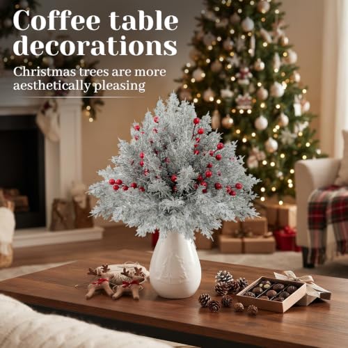 Snowy Green & Red Christmas Pine Branches with Berries - 60 Pcs Artificial Snow-Flocked Decor
