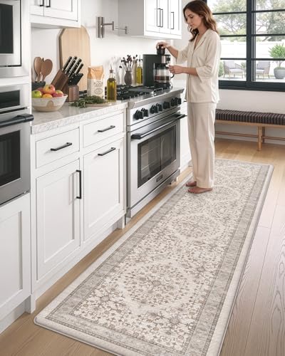 Anti Fatigue Kitchen Floor Mat 24x107 Long Cushioned Runner Rug Beige/White