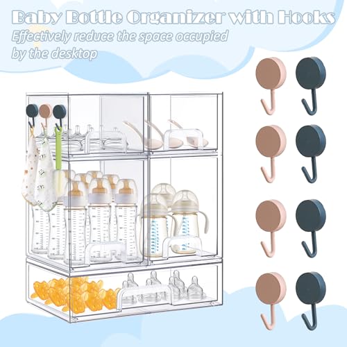 Baby Bottle Organizer with Hooks - 5 Pack Stackable Drawer Storage Set - High, Small & Wide Bins