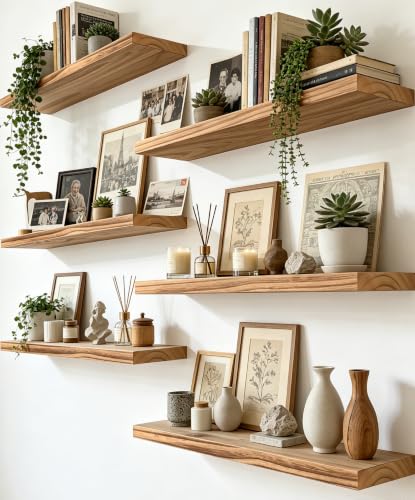 HXSWY 17 Inch Rustic Wood Floating Shelves Set of 6 - Farmhouse Wall Storage, Light Brown