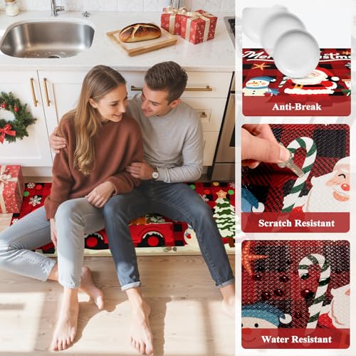 Sungea Christmas Kitchen Anti-Fatigue Mat Set of 2, Santa & Buffalo Plaid Farmhouse Rugs, Non-Slip 17.3x29