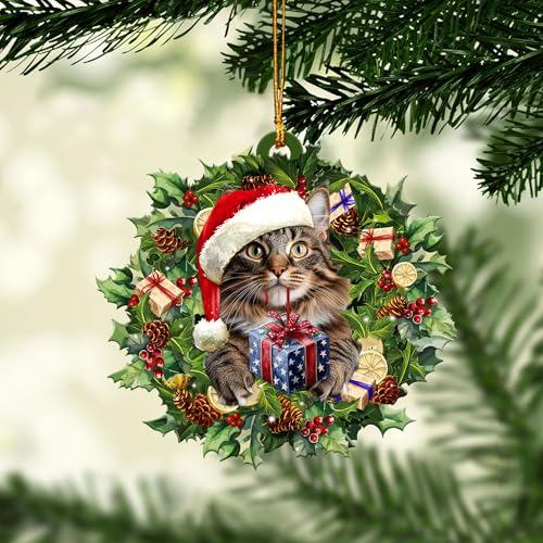 Talataca Maine Coon 2D Flat Christmas Tree Ornament – 3.5" Round, 3 Lanyards