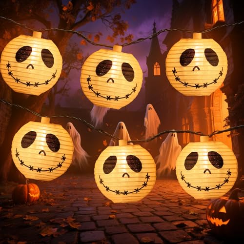 Halloween Decorations Ghost Lantern String Lights Plug in, 10 Pack Ghost Jack Skellington White Lantern Lights with Black Cord, Spooky Lights Outdoor for Halloween Spooky Mantel Decor