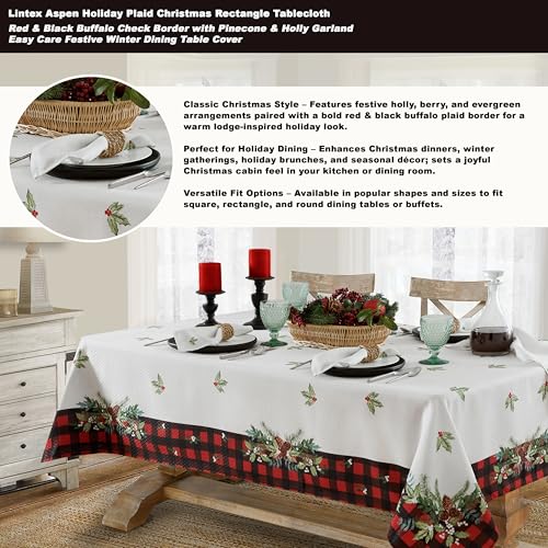 Lintex Aspen Christmas Tablecloth 60 x 102 inch Rectangle – Red & Black Buffalo Plaid with Garland Border