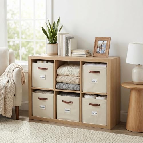 Beige Cube Storage Bins Set of 6 - 13-Inch Fabric Organizer Baskets with Labels
