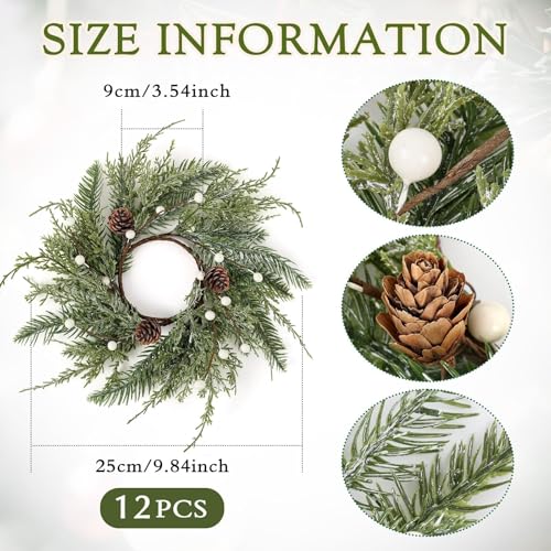 Farmhouse 12PCS Christmas Candle Ring Wreath Mini Pine Garland Frosted Cedar Pine Cones