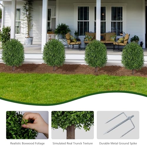 Green Boxwood Artificial Topiary Trees 24-Inch Outdoor Faux Bushes, 2 Pack