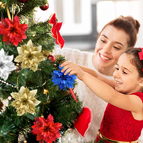 Christmas Poinsettia Artificial Flowers Decorations 5.5" Christmas Tree Wreaths Garland Decoration 12 Pcs Glitter Flowers Picks Decor for Xmas New Year Wedding Party Ornaments (Red)