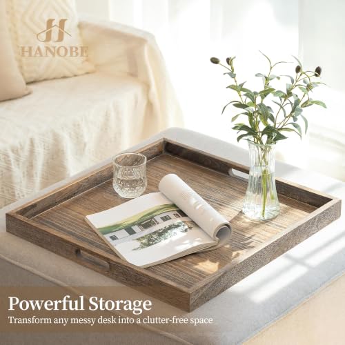 Large Wooden Ottoman Tray with Handles - Rustic 22-inch Serving and Decor Tray