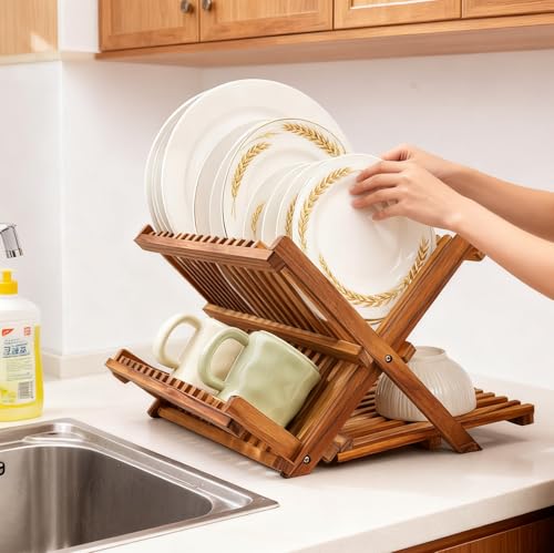 Utoplike 3-Tier Collapsible Teak Dish Drying Rack Large Capacity - Standard