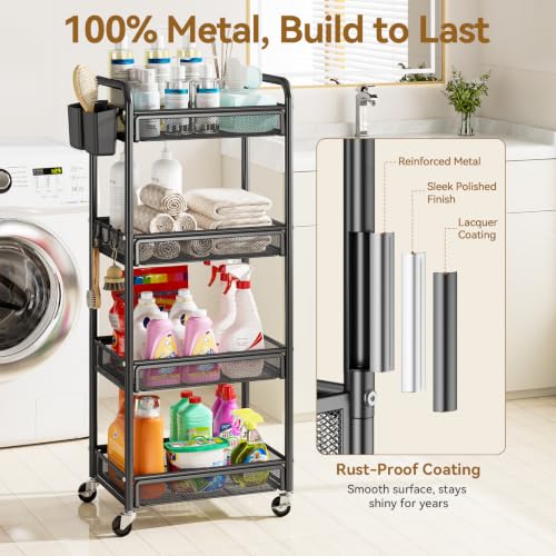 YASONIC 4-Tier Rolling Storage Cart with Wheels - Black Metal Utility Cart