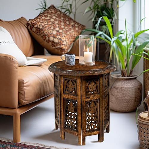 Antique Brown 18-inch Hand-Carved Wooden End Table | Folding Accent Side Table