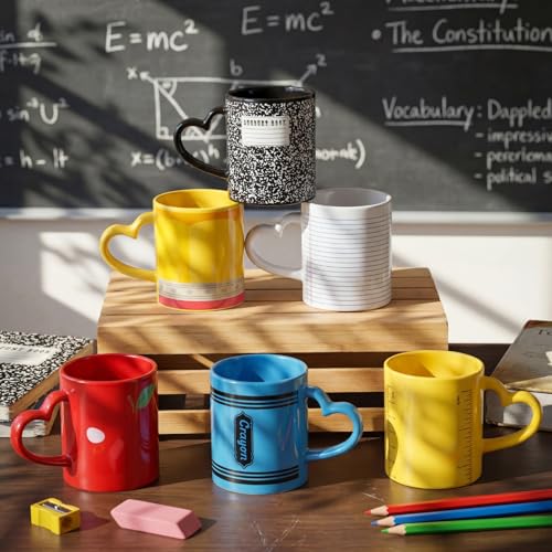 Back to School Colorful Teacher Mug Set of 6 - 10oz Ceramic Coffee Cups with Heart Handles