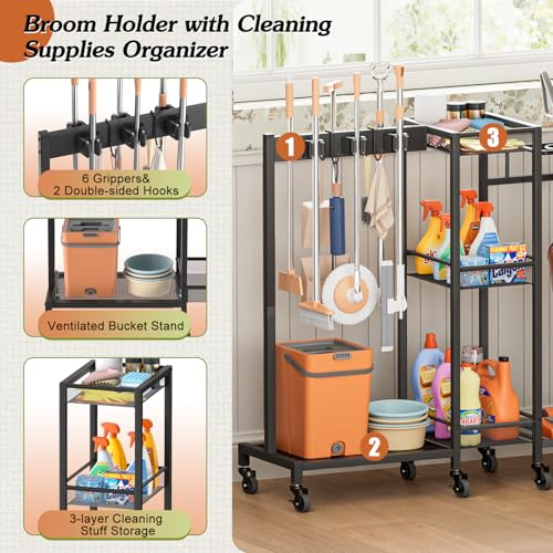 Olakee Black 3-in-1 Broom Holder & Storage Organizer for Laundry & Utility Rooms