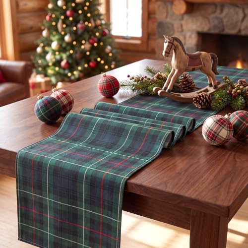 Moukeren Christmas Tartan Plaid Table Runner 70x15 Inches, Green - Set of 3