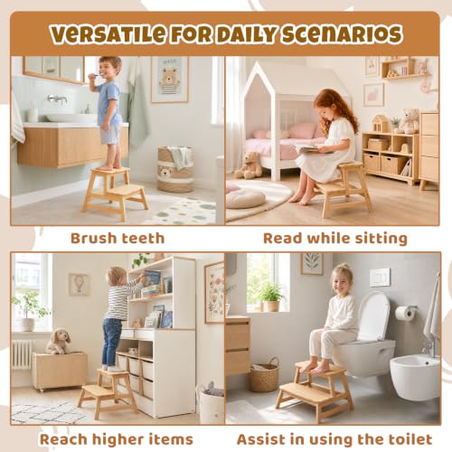 Natural Kids Step Stool with Cloud Design - 2-Step Bathroom & Kitchen Helper - Supports 300 lbs