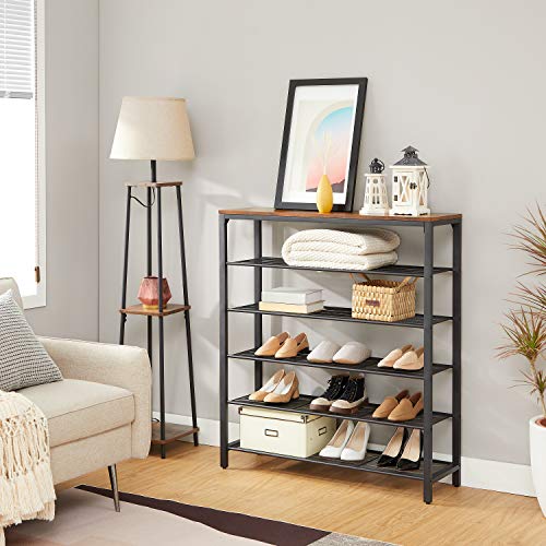VASAGLE 6-Tier Shoe Rack - Rustic Brown Metal Mesh Storage Organizer, 24-30 Pairs