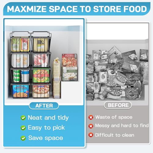 SUNALLY Black Stackable Freezer Organizer Bins - 8 Pack, Space-Saving Storage