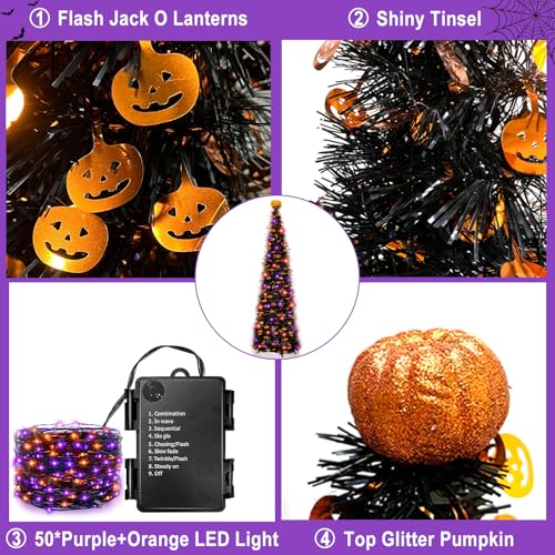 TURNMEON 5ft Black Tinsel Halloween Tree with Lights and Pumpkins