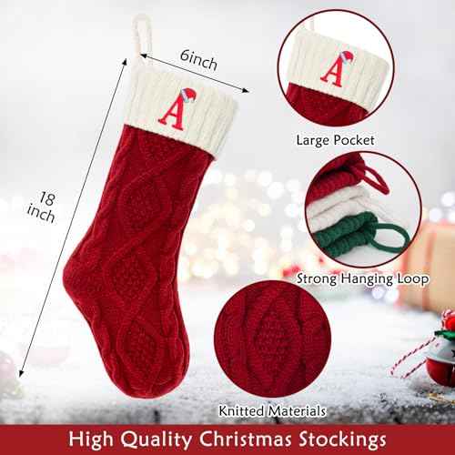 Christmas Stockings with Initials, Letter A Embroidered Xmas Stockings, 18" Large Monogram Knitted Xmas Stocking, Christmas Party Fireplace Family Hanging Stocking Decorations(1 Pack, Red)