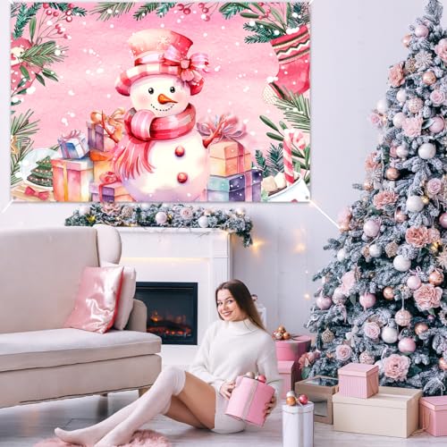 Pink Snowman Christmas Banner - Large Fabric Holiday Party Decor