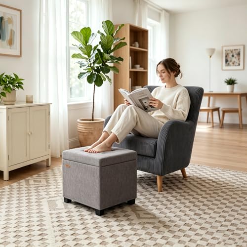 ABHENG Steel Frame Square Storage Ottoman - 17.7" Gray Chenille Cushion