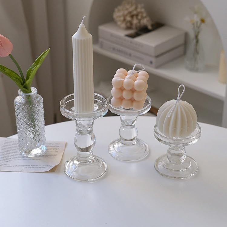 Skiennix Crystal Glass Candle Holders - Elegant Clear Pillar Taper Design for Weddings & Events | Small Size
