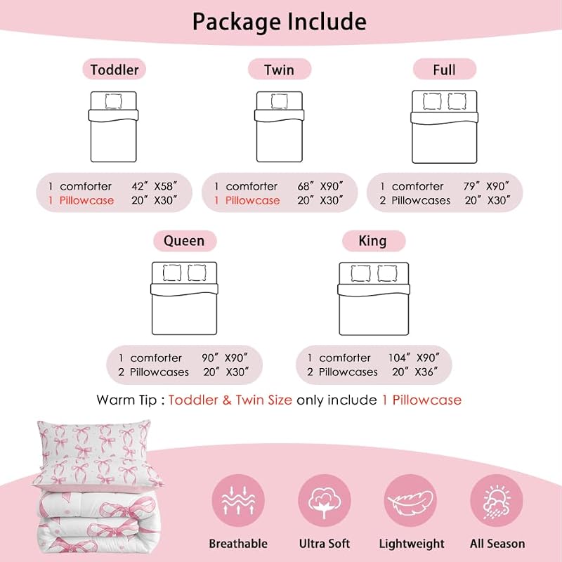 Pink Bow Queen Comforter Set with Pillowcases - Reversible Bedroom Bedding, Girl Kids Teen Decor, White Variation