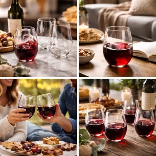 12 oz Disposable Stemless Plastic Wine Glasses Bulk Pack - Clear, Reusable & Shatterproof