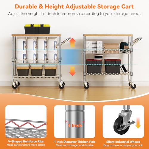 Heavy Duty 3-Tier Rolling Utility Cart with Wooden Top - Chrome & Wood Variation