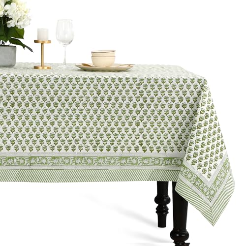 Emerald Green Cotton Tablecloth 70x108 Inch Rectangular Hand Block Print