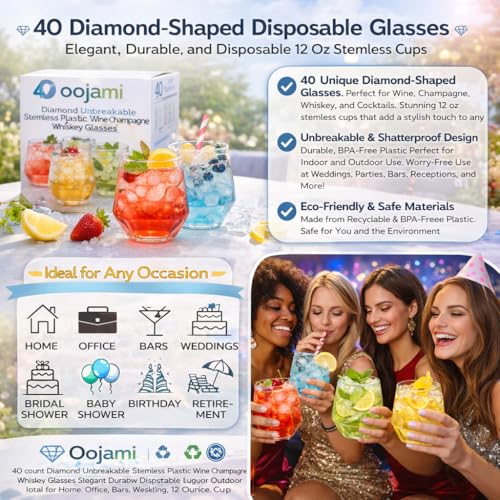Clear Diamond-Shaped Disposable Plastic Wine Glasses 12 oz - 40 Pack