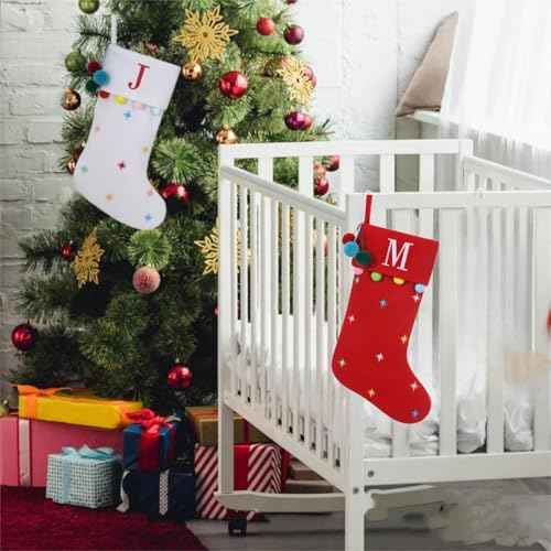 19.5 Inches Initial Monogram White Christmas Stocking Personalized, Embroidered Letter Fleece Christmas Stocking with pom poms Decoration for Family Christmas Holiday Party Decor-A