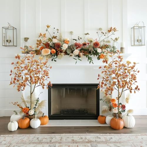 5FT Fall Trees - 2pcs Autumn Eucalyptus Artificial Trees for Porch Decor - Orange Variation