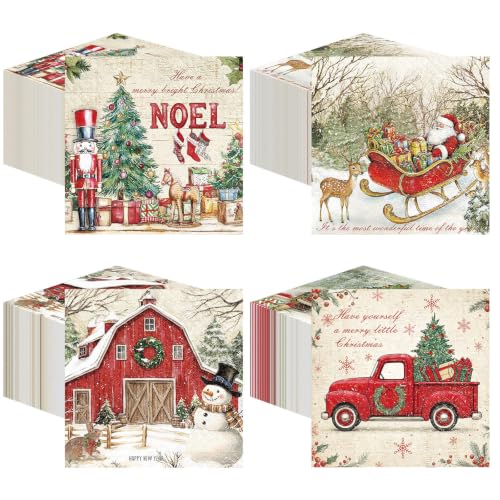 Jainless 200 Pcs Christmas Napkins 4 Styles Nutcracker Santa Snowmen 2-Ply Guest Paper Napkins