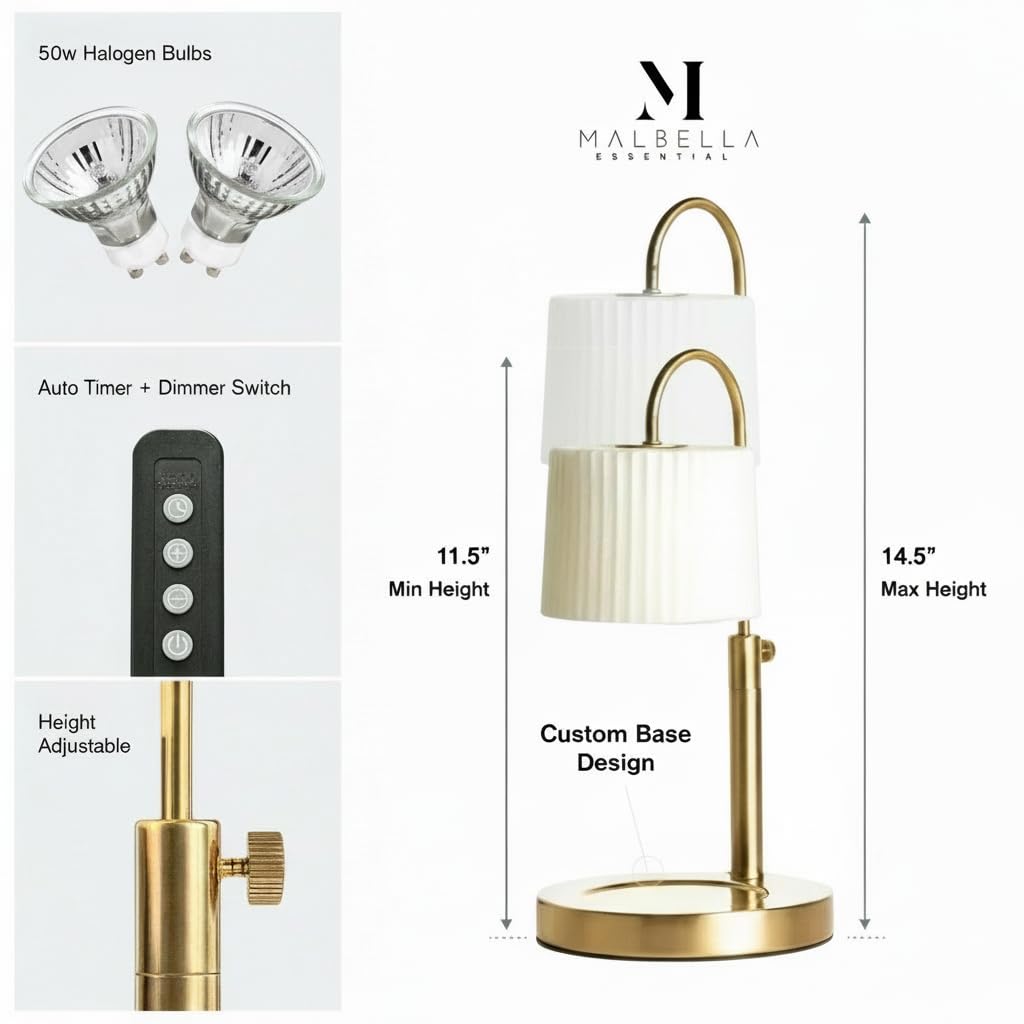 Dimmable Glass Candle Warmer Lamp with Timer - Adjustable Height Candle Lamp Warmer with Timer (8H/4H/2H) - Wax Melter - Ideal Gift, fits Various Size Scented Candles - 02 Bulb - (Gold Metal)