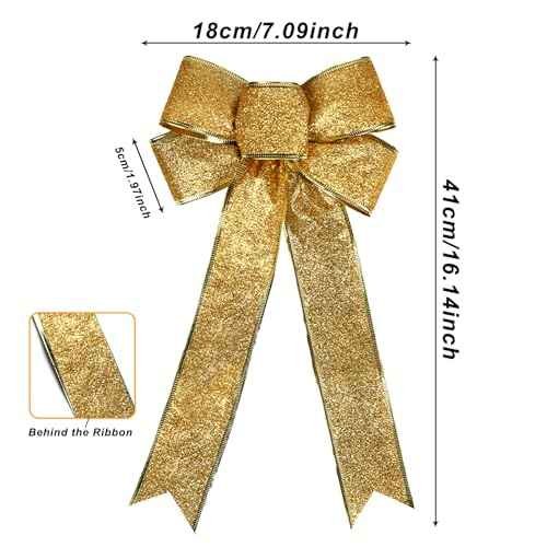 Glitter Christmas Bows Decor - 7.1x16.2 in Gold Bow Ornaments for Christmas Tree & Wreaths - Xmas Decorations for Home & Party
