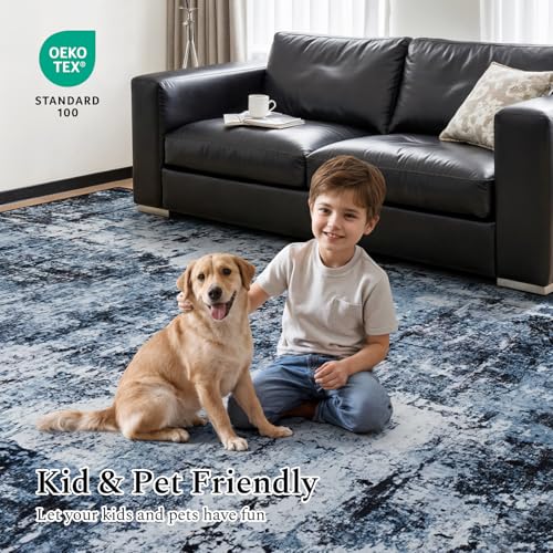 Ocean Blue Abstract Area Rug 9x12 - Washable Navy Blue Living Room Carpet - Variation 01 Ocean Blue