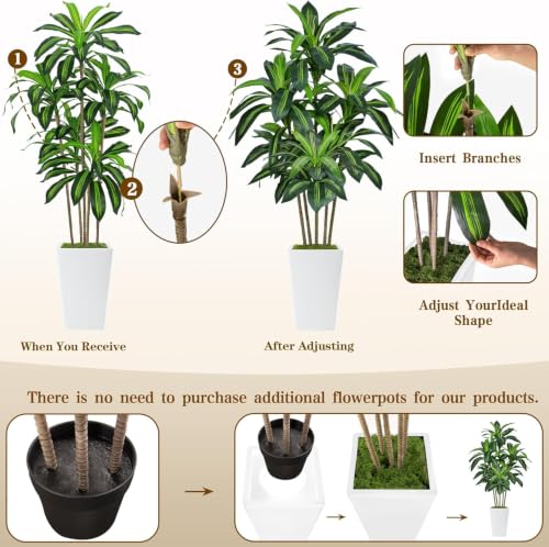Artificial Dracaena Tree 7FT with White Tall Planter - Realistic Indoor Floor Plant - Variation: White 7ft